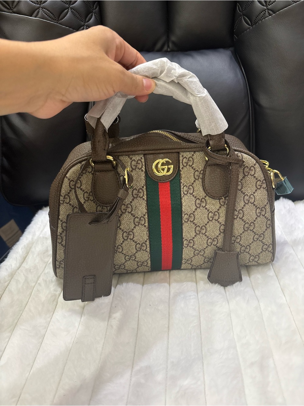 & Other Stories Brown Logo Crossbody Bag with Green and Red Stripe
